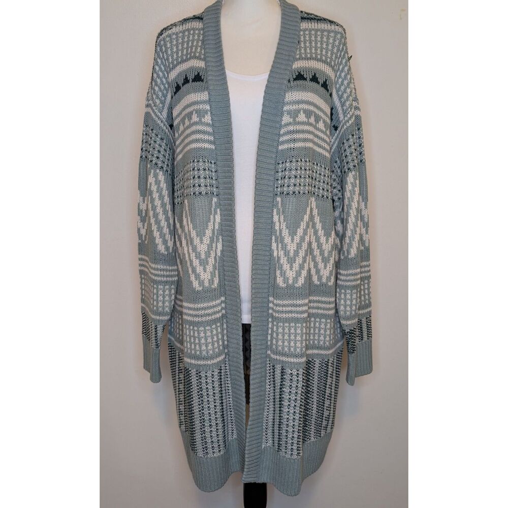 Falls Creek Blue & White Fair Isle Open Front Knit Cardigan Sweater 1X